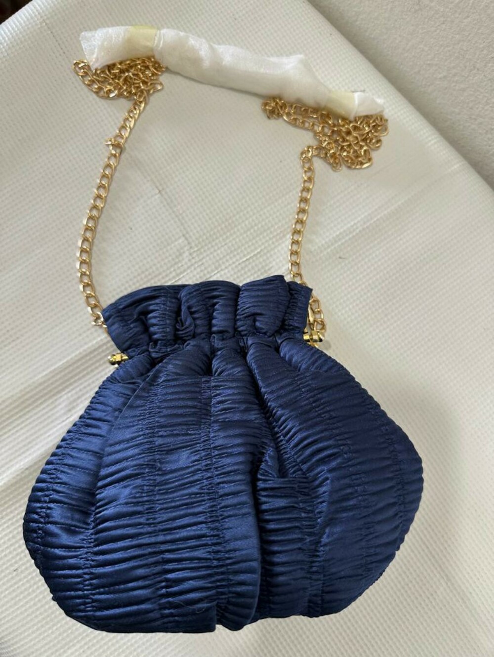 Stunning Navy Blue Ruching Satin Drawstring Crossbody Clutch Evening Purse - Picture 7 of 8